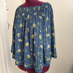 Max Edition Graduated Pleat Off-the-Shoulder Blouse M blue floral peasant boho